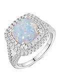 Wyyxl Fire Opal Engagement Rings 2.5 Cttw CZ Inlaid October Birthstone Double Halo Cocktail Rings for Women White Gold Plated Silver Cushion Cut Ring- Size 7