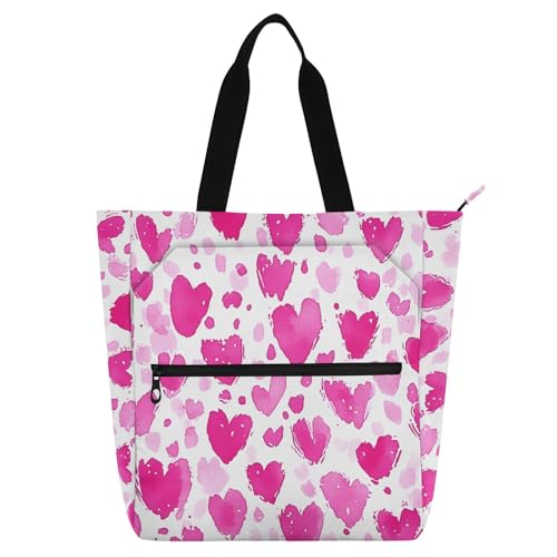 Pink Love Heart Tote Bag for Book Lovers Reusable Bags with Zipper Pocket for School Work Shopping