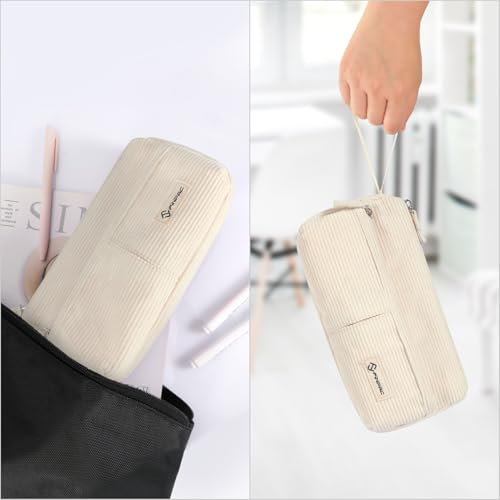 Image of FINPAC Pencil Case, Corduroy Triangle Makeup Bag, Kawaii Pen Bag Pouch Holder Box Organize for Study, Office, or Travel, Beige