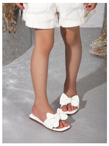 GORGLITTER Girl's Bow Slip on Sandals Square Open Toe Flat Sandals for Outdoors White 22