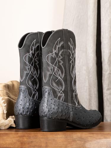 Western cowboy boots, ostrich leather, embroidered design, brown, mid-calf, men's antique ostrich embossed exotic western boots round head.4