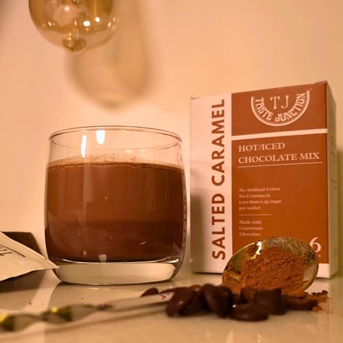 Image of Taste Junction Premium Salted Caramel Chocolate Drink Mix | <0.2g Sugar | 55% Dark Belgian Chocolate | 6 Instant Sachets