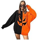 Women Hooded Long Sleeve Halloween Horror 3D Pumpkin Print Smiley Print Fall/Winter Turtleneck Splicing Shirt Sweatshirt Casual Top Pullover Sweatshirt