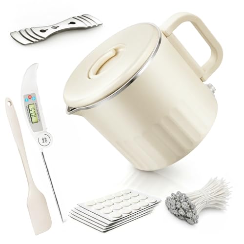 YETEE Elektrischer Wachsschmelzer 1L für Kerzen selber machen DIY Kit mit Edelstahl-Innenbehälter 2 Heizstufen Thermometer und Dochten für Soja- Bienenwachs oder Duftkerzen
