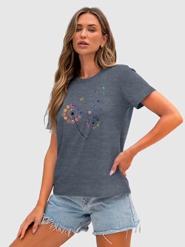 Image of Anbech Womens Dandelion Graphic T-Shirts Teen Girls Cute Sunflower Print Casual Tee Tops