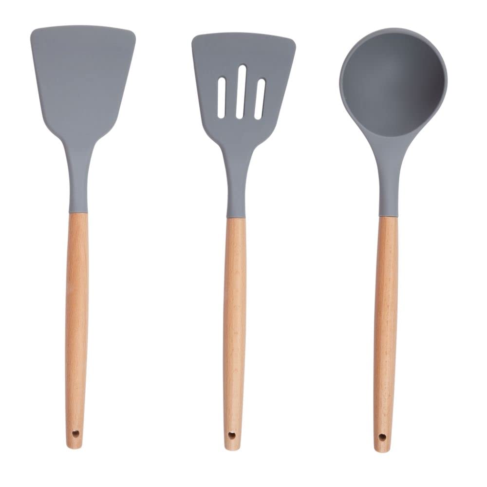 alpina Küchengeschirrset mit Halter – 12-teilig – Silikon-Utensilien mit Holzgriff – Grau, 0.00