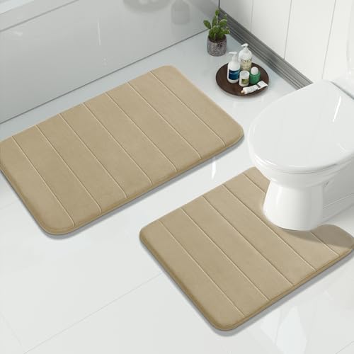 Image of Yimobra Memory Foam Bath Mat Set 2 Piece - Super Soft Absorbent Quick Dry Bathroom Toilet Rugs, Machine Washable Non Slip Floor Carpet for Tub Shower & Single Sink (31.5x20 & 24x20, Pale Khaki)