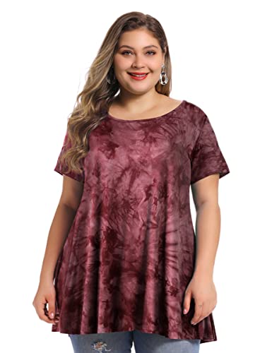 Belaroi Women's Short Sleeve Tie Dye Printed Tunic Tops Plus Size Summer T Shirt For Leggings Casual Flowy(3X,B-Wine) #TOP1