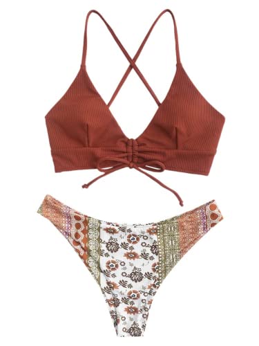 ZAFUL Women's Sexy Triangle Bikini Set Floral Print Spaghetti Strap 2 Piece Swimsuit Crisscross High Cut Bathing Suit