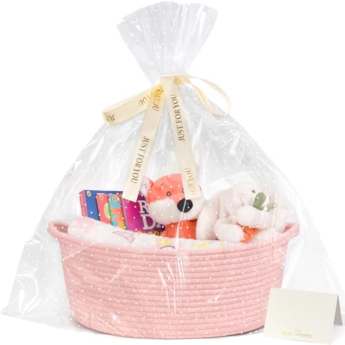 Image of CHICVITA Gift Basket Empty with Bags & Ribbon for Baby Shower, Pink