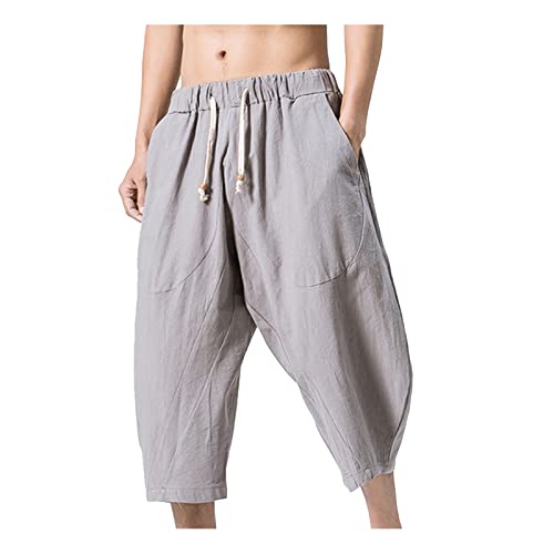 WENKOMG1 Cotton Linen Shorts for Men,Casual Loose Solid Japanese Trunks Adjustable Waist Calf Length Cropped Trousers