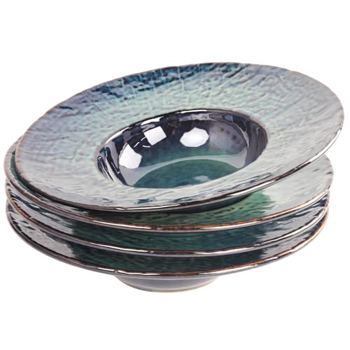 LIUYWYHCF Ceramic Rimmed Soup Plate, Soup Bowl 6.4 oz, Pasta Bowl Set of 4, Shallow Bowl Plate with Rim, Best choice for high-end restaurants, hotels, and foodies (Teal reactive glaze, 9.3 Inch)