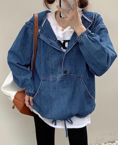 chouyatou Women Hooded 1/2 Button Down Pullover Denim Jacket Hoodie Boyfriend Casual Jean Sweatshirt Top3