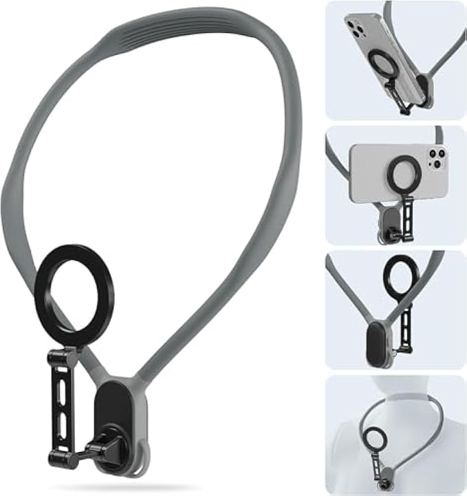 Magnetic Neck Mount for Phones, POV/Vlog Neck Phone Holder w Anti-Vibration Chest Strap Selfie Mount Hand Free Phone Neck Holder Stand Video Recording for iPhone 15 14 13 12 Seires Android Phones