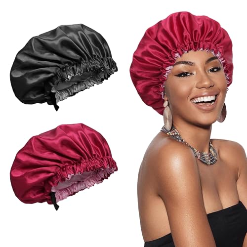 Euqvunn 2 Pezzi Cuffia Seta Capelli Notte, Regolabile con Ampia Fascia Elastica, Doppia Faccia a Due Colori Cuffia Seta Capelli Ricci, Adatto Protezione per Capelli Lunghi/Ricci (Nero Rosso)