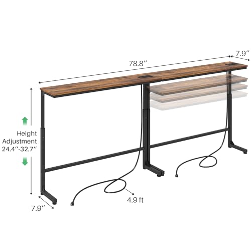 Kitstorack 2-Pack Rustic Brown Console Table, 7.9" Deep Panel, Adjustable Height (25"-33") & Built-in Power Outlets, Behind Sofa Couch, Includes 4.9' Power Cord - 79" L
