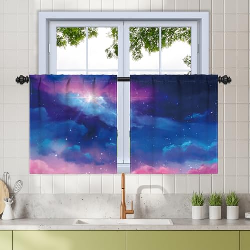 Renaiss 26 x 36 Inch Universe Galaxy Small Window Tier Curtains Outer Space Blue Pink Nebula Short Curtains for Bathroom Living Room Starry Sky Linen Small Window Drapes Rod Pocket Back Tab 2 Panels