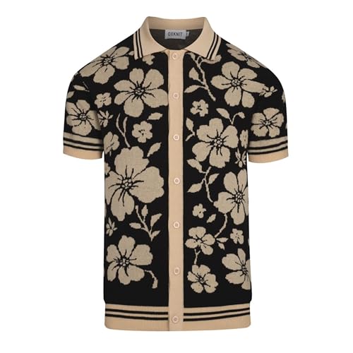 OXKNIT Mens Knit Short Sleeve Shirts Button Down Vintage Florals Plants Pattern Knitted Polo Shirt Black Apricot Polo