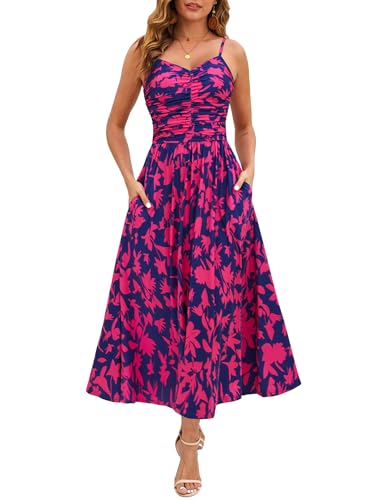 Image of Annebouti Women 2026 Summer Spring Ruched Maxi Dress Adjustable Spaghetti Strap Floral Beach Long Sundress with Pockets