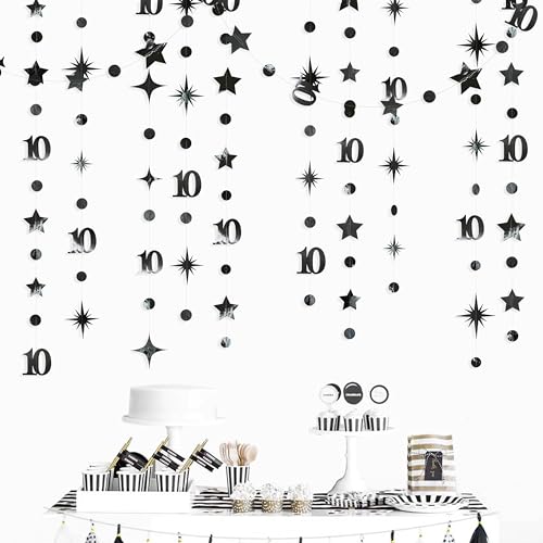 Image of Black 10th Birthday Decorations Number 10 Circle Dot Twinkle Star Garland Metallic Hanging Streamer Banner Backdrop for Girls Boys Double Digits Ten Year Old Birthday 10th Anniversary Party Supplies