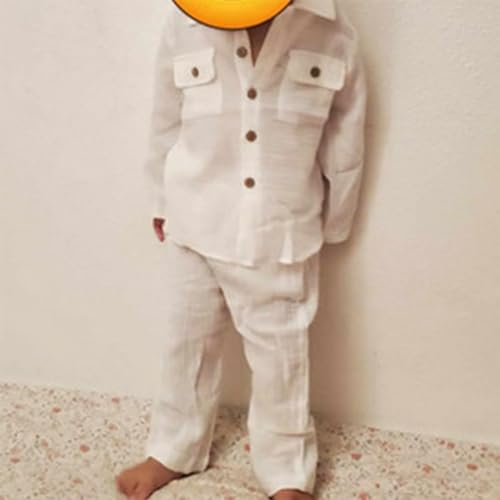Gueuusu Toddler Boys Girls Linen Outfit Long Sleeve Button Up Shirt and Long Pants Set Holiday Baptism Photoshoot Outfit2