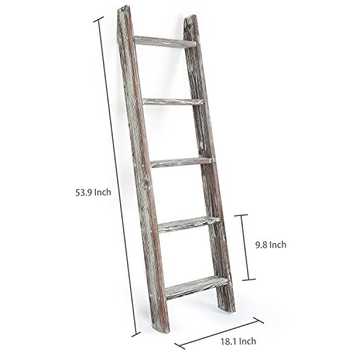MyGift 4.5-Foot Wall-Leaning Ladder-Style Torched Wood Blanket Rack
