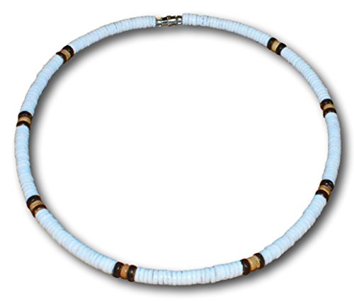 Native Treasure Mens and Womens Summer Beach Surfer Necklace From the Philippines, White Ark Shells with Brown Coconut Beads, Mens Shell Necklace