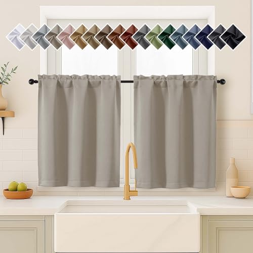Image of Stone Curtains for Small Window Treatment, Light Blocking Short Kitchen Window Curtains Over Sink, Dual Rod Pocket Half Window Tiers for Bathroom Basement, Each 40Wx36L, 2 PCS