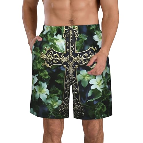 Men's Swim Trunks Black Cross Among Green Flowers Quick Dry Board Shorts Mens Bathing Suit Beach Swimwear with Pockets