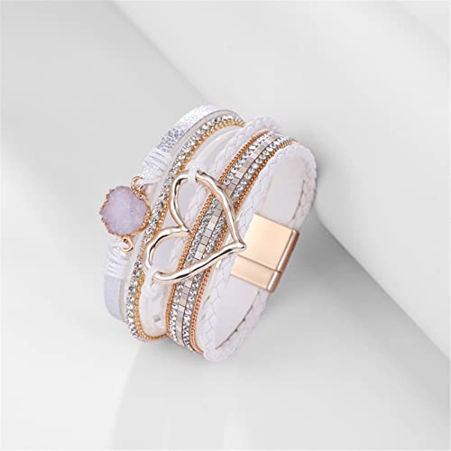Multilayer Bohemian Pu Leather Wrap Bracelet Bangle Evil Eye Crystal Rhinestone Beaded Heart Wristband Bracelet For Women Men Girl Boy Teen Boho Cuff Jewelry Gift-B White Heart #TOP2