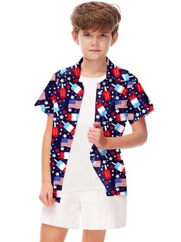 Image of Remimi Unisex Kids 4th of July Button Up Shirt Boys American Flag Print Hawaiian Beach Short Sleeve Tops 5-14 Years