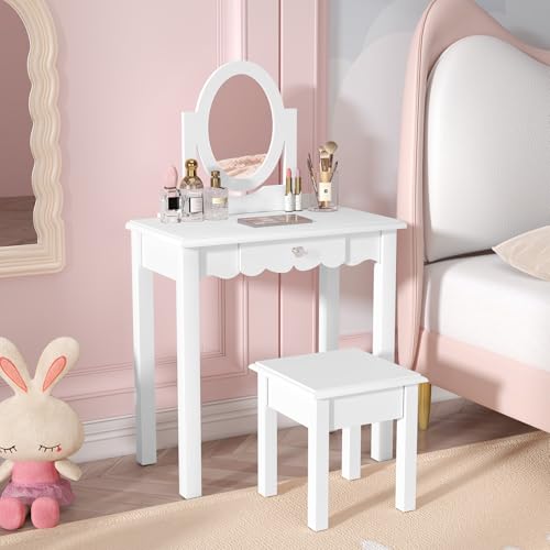 Image of HLR Kids Vanity, Girls Vanity Set with Mirror and Stool, Wooden 2 in 1 Princess Makeup Desk Dressing Table with Detachable Top, Toddler Vanity Dresser Set with Drawer for Little Girls, White