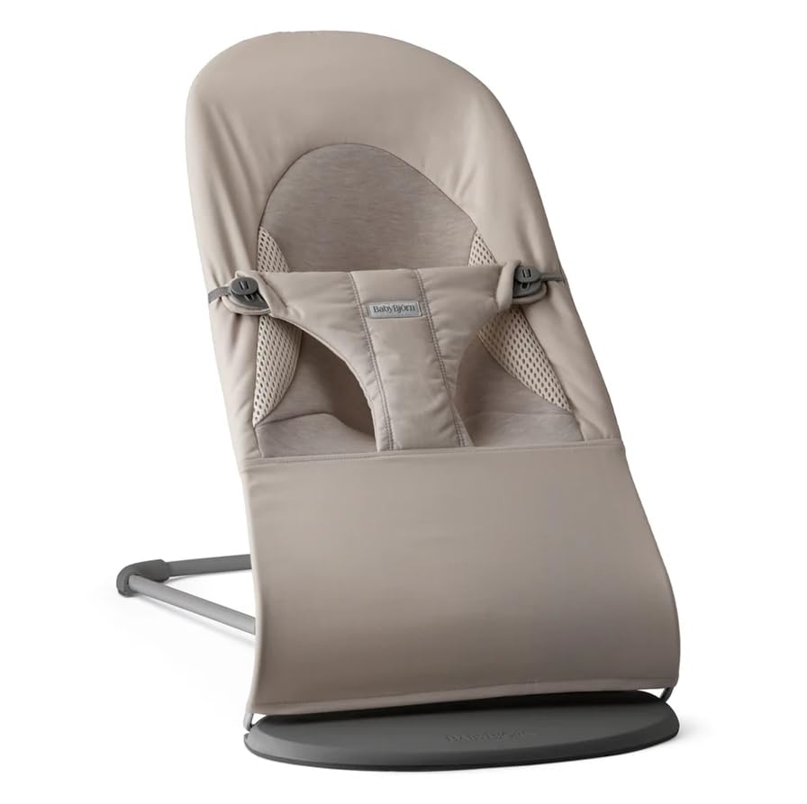 babybjörn bouncer balance soft, sand gray, woven/jersey, tri-fabric | 2-in-1 adjustable baby bouncer seat and toddler chair, newborn to toddler (8-29 lbs), 4 positions, lightweight & portable sand gray woven/jersey, tri-fabric