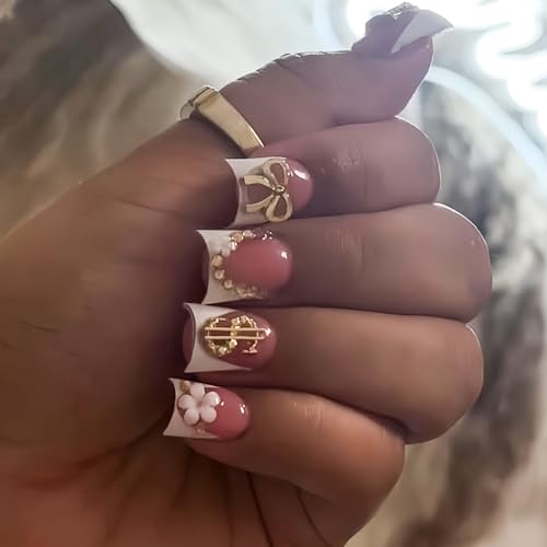 Image of White French Tip Press on Nails Duck Fake Nails Bow Nail Press ons with Rhinestone Design Dollar Glue on Nails Reusable Artificial Glossy Full Cover Acrylic Stick on Nail for Women Manicure 24Pcs