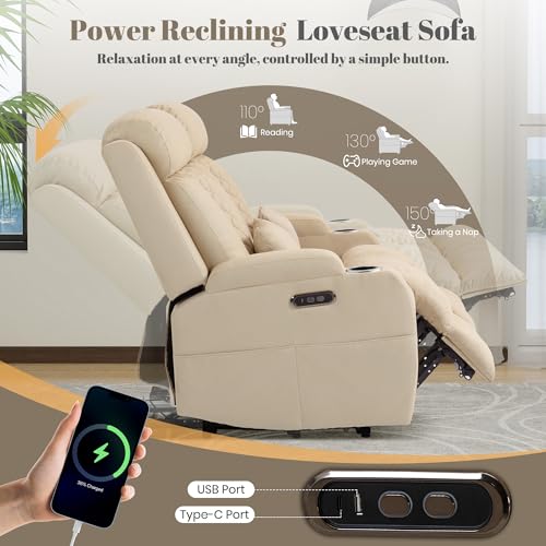 Image of Zero Wall Hugger Power Reclining Sofa Set with Adjustable Headrest, Electric Reclining Couch with Drop-Down Table, Reclining Sofa and Loveseat Set for Living Room (Beige, Sofa+Loveseat)