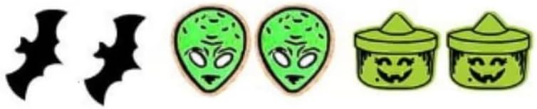 3 pares de aretes de madera para Halloween, murciélagos, calabaza, caramelo, gato negro, fantasma, calavera, aretes lindos y divertidos, regalo de