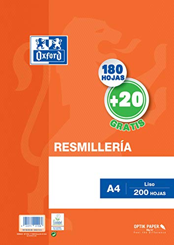 Oxford, Folios A4. Paquete de papel multiusos liso, 180 hojas + 20 hojas