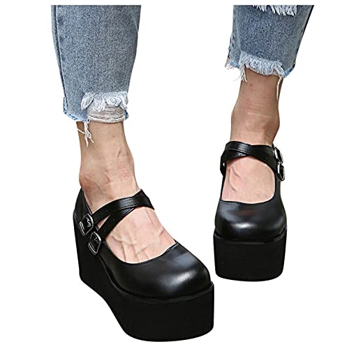 Hbeylia Platform Mary Jane Shoes For Women Vintage Leather Wide Round Toe Chunky Bottom High Heels Ballet Flats With Arch Support Retro Goth Thick Heeled Dress Oxfords For Girls School Uniform