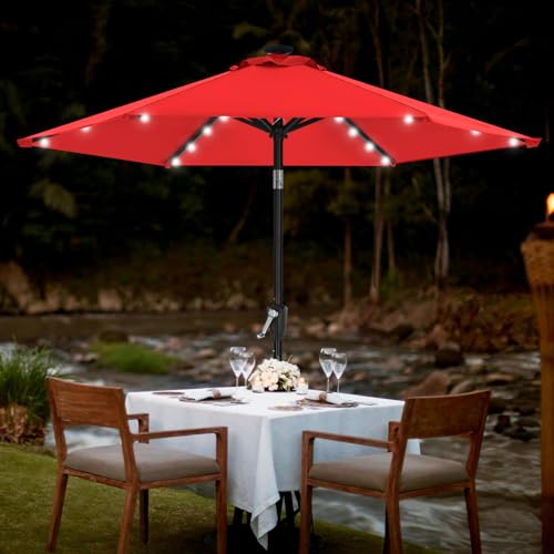 Image of MASTERCANOPY 7.5ft Patio Umbrella with Solar Lights, Red