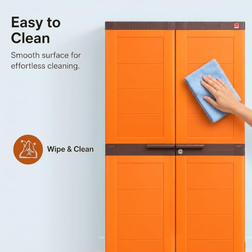 Image of Cello Novelty Big Plastic Cabinet with Dustproof Doors| 3 Year Warranty | Almirah, Cupboard, Wardrobe for Home, Living Room, Bedroom, Kitchen, Office, Outdoor| Orange & Brown Colour