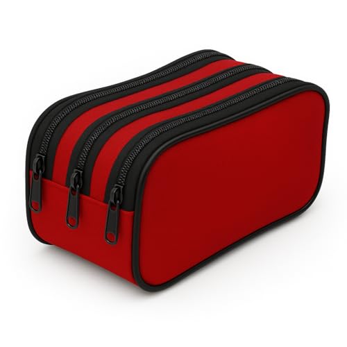 Estojo Escolar Triplo Com 3 Divisórias Organizador Com Zíper Em Poliéster Resistente (Vermelho)