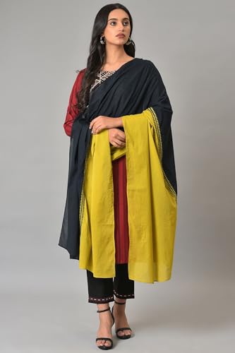 Image of W for Woman Women Silk Green And Black Colour Block Dupatta, Free Size