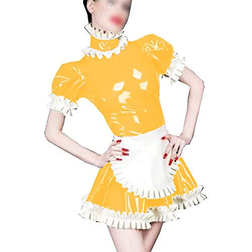 Robe vintage à manches courtes en PVC jaune style soubrette pour costumade L