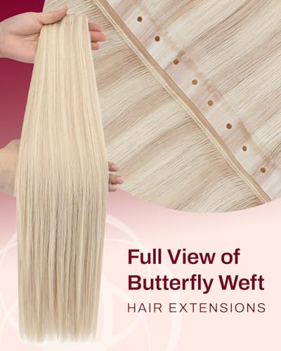Image of Moresoo Butterfly Weft Hair Extensions Human Hair, Invisible Genius Weft, Ash Blonde with Blonde 20 Inch 50g, Add Volume, OVO PU Hole, Straight Soft Remy Hair, Simple Installation