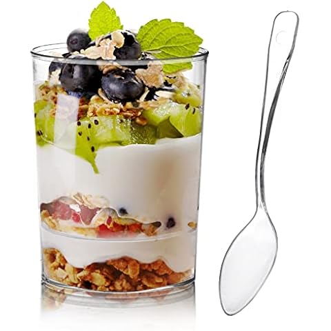 Okllen 100 Pack Mini Dessert Cups with Spoons, 3 Oz Round Shot Cups Plastic Dessert Shooters, Appetizer Parfait Cups Shot Glasses for Chocolate Desserts, Ice Cream, Puddings, Tasting Party Cover