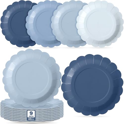 Tiangrid 60 Pcs Dusty Blue Paper Plates 9 Inch Blue Scalloped Disposable Round Dessert Paper Plates Party Decoration for Margs and Matrimony Bachelorette Party Women Birthday Baby Shower Wedding