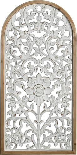 Image of Decor Delights Wall panel Floral MDF Wall Decoration Panel, Hanging Wood Carving Wall Decoration Panel for Living Room, Bedroom, Hallway, Office Wooden Wall Hanging Plaque, Wood Carving (Arch White)