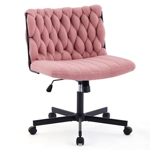 GarveeHome Criss Cross Chair with Wheels, Wide Seat Home Office Desk Chair, Armless Makeup Vanity Chair, Modern Cross Legged Swivel Comfy Chair, Computer Task Chair for Home Office, Pink