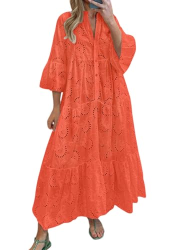 Image of chouyatou Women's 2026 Lace Eyelet Embroidery Maxi Dress V-Neck Trumpet Sleeve Boho Flowy Swing Dress
