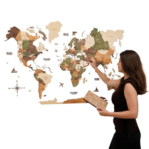 Image of Enjoy The Wood 3D Wooden World Map Wall Art (Nature, 2XL, Unframed) | Large Travel Map with Pins for Art Decor, Decorative Map of the World for Home, Office Travel Wall Art Housewarming Gift Idea